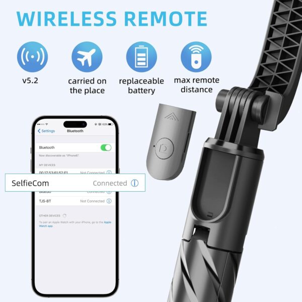 Cell Phone Selfie Stick, Portable Retractable Tripod Holder with Wireless Remote Control, Live Streaming, Video Recording, for Photograph Compatible with iPhone, Android and More - Image 3