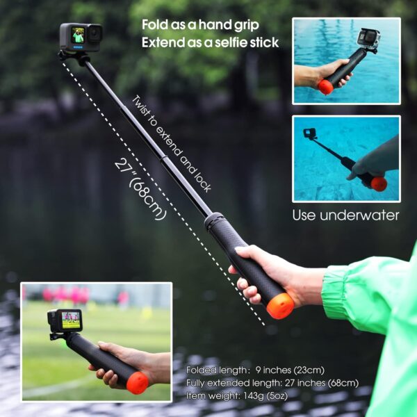 SOONSUN 4in1 Floating Selfie Stick Tripod for GoPro Hero 13 12 11 10 9 8 7 6 5 4 3 Session Max, AKASO, SJCAM Action Camera - As Waterproof Extension Monopod Pole Floating Handle Grip Tripod Stand - Image 5