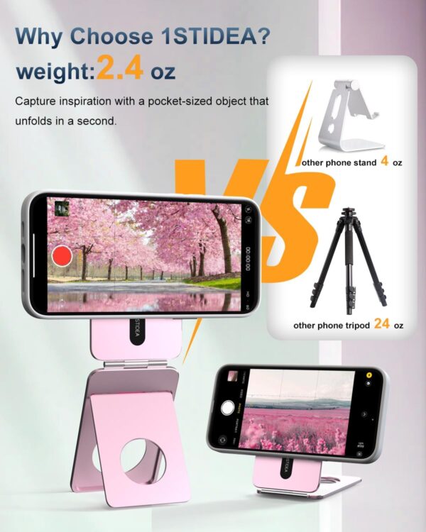 Phone Tripod Stand, Aluminum Alloy Mini Tripod Compatible with Magsafe iPhone 16/15/14/13/12 Series, Foldable Strong Magnetic Phone Stand, Mult-Angle Adjustment Selfie Stick (Pink) - Image 6