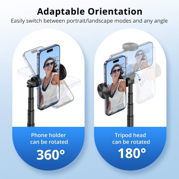 SYNCWIRE 55" Selfie Stick Phone Tripod, All-in-one Extendable Aluminum Cell Phone Tripod Stand Travel Tripod with Rechargeable Bluetooth Remote, Compatible with iPhone, Samsung and More Android Phone - Image 7