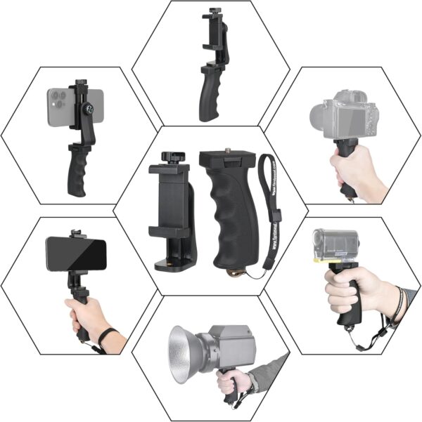 Ergonomic Anti-Falling Cell Phone Vlogging Hand Grip Stabilizer Smartphone Holder Rig Mount Video Kit w/Safety Strap Portable Selfie Stick for iPhone Samsung (Landscape+Portrait)-Mic/Light Adapter - Image 6