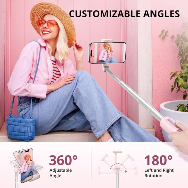 ATUMTEK 55" Selfie Stick Tripod, All-in-one Extendable Aluminum Phone Tripod with Rechargeable Bluetooth Remote for iPhone, Samsung, Google, LG, Sony and More, Fitting 4.7-7 inch Smartphones, Pink - Image 4
