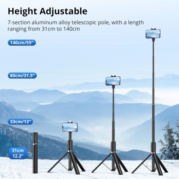SYNCWIRE 55" Selfie Stick Phone Tripod, All-in-one Extendable Aluminum Cell Phone Tripod Stand Travel Tripod with Rechargeable Bluetooth Remote, Compatible with iPhone, Samsung and More Android Phone - Image 6