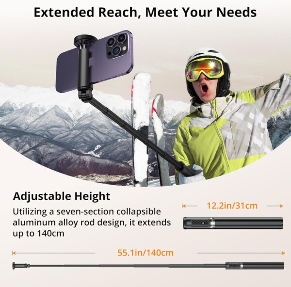ATUMTEK 55" Selfie Stick Tripod, All-in-one Extendable Aluminum Phone Tripod with Rechargeable Bluetooth Remote, Travel Tripod 360° Rotatable for iPhone 15 Pro Max/15/14/13 Samsung Smartphones, Black - Image 3
