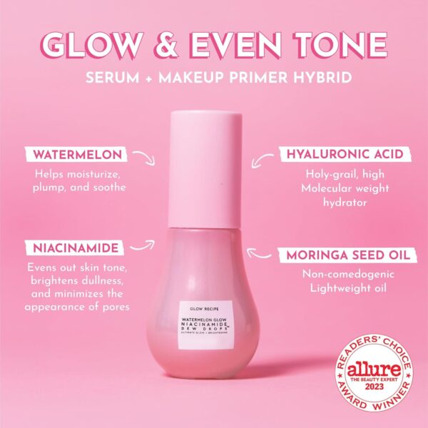 Glow Recipe Watermelon Niacinamide Dew Drops, Travel Size - Brightening, Plumping Hydrating Face Serum, Makeup Primer + Liquid Highlighter with Hyaluronic Acid - Dewy & Glowing Korean Skin Care (15ml) - Image 2
