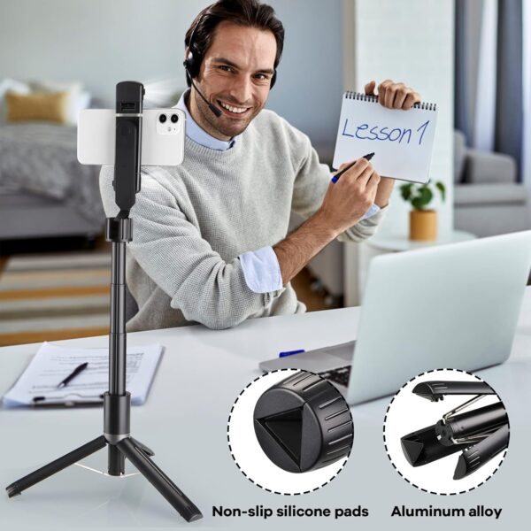 Selfie Stick with Rugged Tripod,MQOUNY Extendable 41 Inch Aluminum Alloy Phone Tripod with Detachable Wireless Rechargeable Remote and Dual Ring Light,360 Rotation Phone Holder for Smartphone (Black) - Image 5