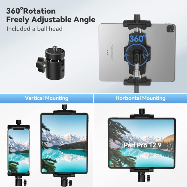 iPad and Phone Tripod Mount Adapter with Ball Head, iPad Holder for Tripod, 360 Rotatable Tablet Clamp Mount fits iPad Pro 12.9, iPad Air Mini 3 4, Galaxy Tab, Surface Pro, Selfie Stick(5.3-10.6") - Image 3