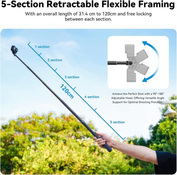 Selfie Stick Long Pole Invisible for GoPro (120cm/47.2in), Carbon Fiber Waterproof Extension Monopod for Go Pro Max Hero 13 12 11 10 9 8 7 DJI Action 5 Pro Pocket 3 Insta 360 X3 GO3 Ace Pro 2 AKASO - Image 3