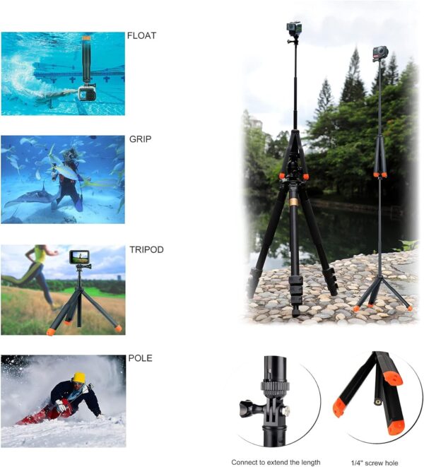 Floating Selfie Stick for GoPro Hero 13 12 11 10 9 8 7 6 5 4 3 Mini Max Fusion Session, SJCAM, AKASO Action Camera, 4 in 1 Underwater Waterproof Pole Monopod Hand Grip Tripod Stand - Image 3