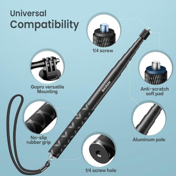 Mairan Super Long 150cm Invisible Selfie Stick, Extension Selfie Stick Compatible with Insta360, GoPro, DJI, Action Cameras,1/4" Portable Extendable Monopod Pole with Buckle Mount and Wrist Strap - Image 4