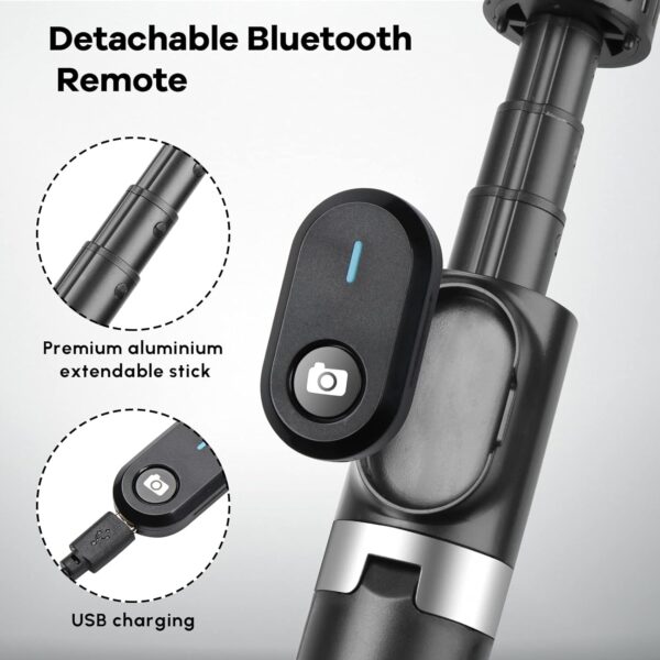 Selfie Stick with Rugged Tripod,MQOUNY Extendable 41 Inch Aluminum Alloy Phone Tripod with Detachable Wireless Rechargeable Remote and Dual Ring Light,360 Rotation Phone Holder for Smartphone (Black) - Image 2
