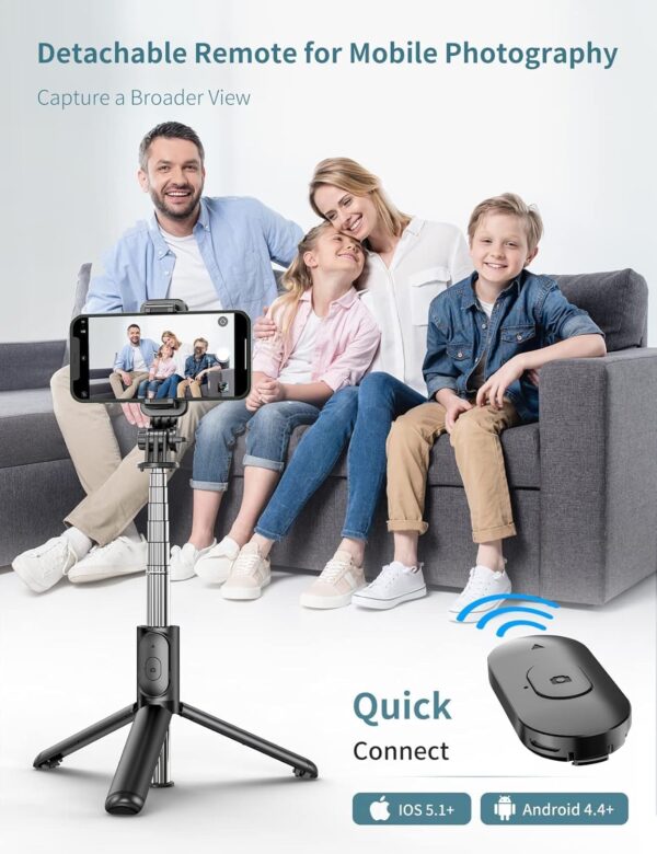 Selfie Stick Tripod with Detachable Wireless Remote, 4 in 1 Extendable Portable Selfie Stick & Phone Tripod Stand Compatible with Gopro, iPhone/Samsung/Huawei - Image 3