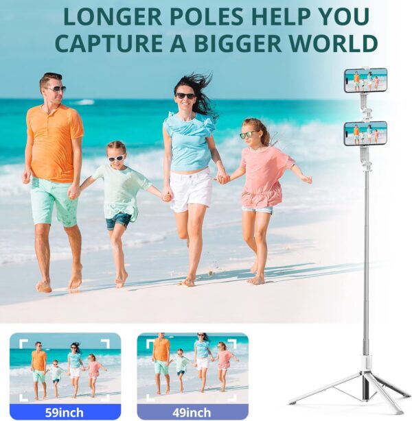 ATUMTEK 59" Selfie Stick Tripod, Stable Tripod Stand with Detachable Bluetooth Remote, Compatible with iPhone 14 Pro Max/14 Plus/14/13/12/11, GoPro, Samsung, LG, Google Smartphones, White - Image 2