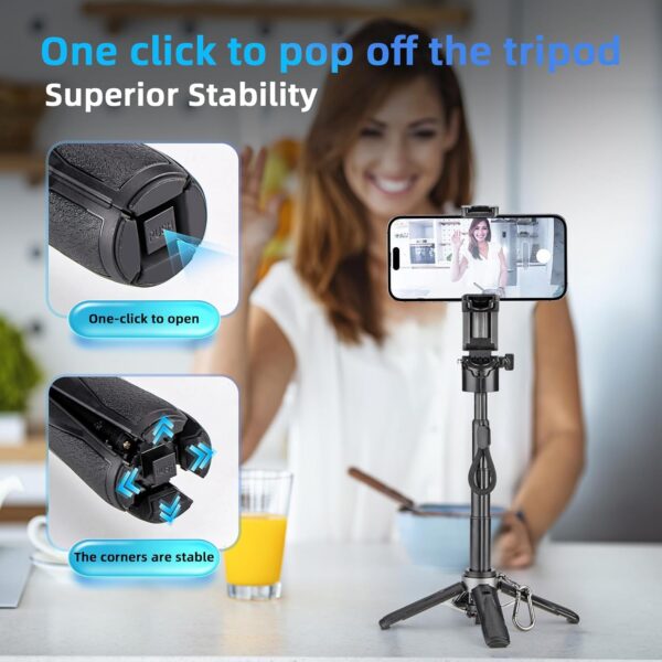 MQOUNY for Magsafe Tripod Stand for iPhone,Portable Pocket Size Selfie Stick with Rechargeable Remote and Metal Ring,Extendable Detachable Cell Phone Tripod Compatible with iPhone/Android - Image 3