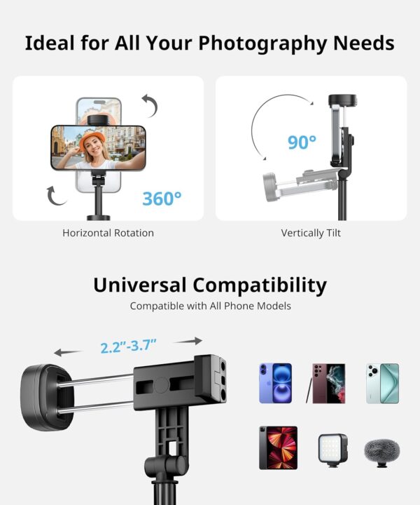 60'' Selfie Stick Tripod,Tripod for iPhone Wireless Remote for Selfies,Group Photograph,Video Recording. Phone Stand Compatible with iPhone Android Phone,Camera - Image 4