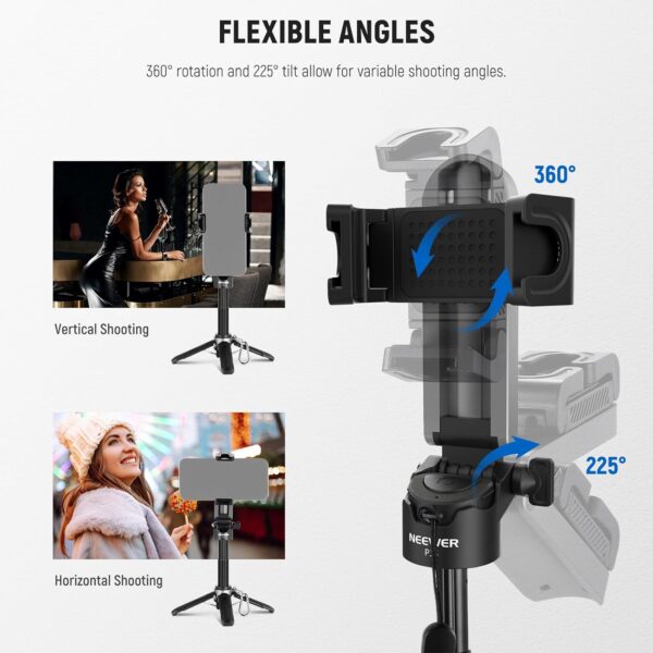 NEEWER Selfie Stick with Detachable Bluetooth Remote Shutter, Lightweight Foldable Travel Tripod for iPhone, 360° Phone Holder Cold Shoe for YouTube/TikTok Vlogs Live Streaming Photography, Black, P15 - Image 4