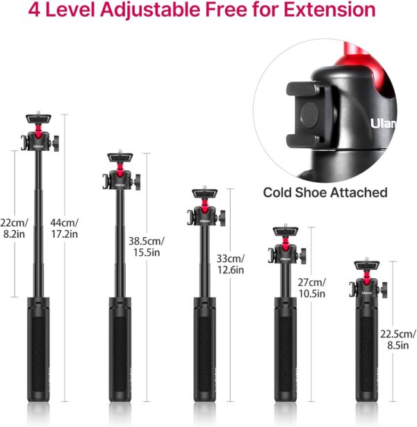 MT-16 Extendable Mini Camera Tripod, 4 Levels Adjustment 360° Ball Head Cold Shoe Lightweight Portable Vlog Travel Selfie Stick Handle Grip Desktop Webcam Tripod for DSLR Action Camera - Image 4