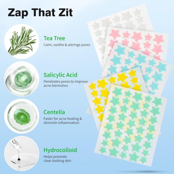 Pimple Patches for Face, Hydrocolloid Acne Patches, Cute Star Zit Covers, Colorful Spot Stickers with Tea Tree, Salicylic Acid & Cica Oil| 3 Sizes (10mm, 12mm & 14mm) |200 Count - Image 3