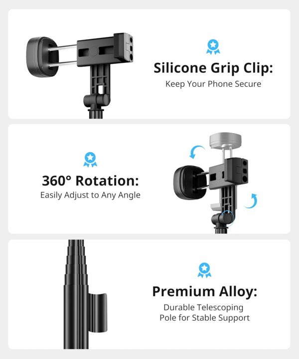 60'' Selfie Stick Tripod,Tripod for iPhone Wireless Remote for Selfies,Group Photograph,Video Recording. Phone Stand Compatible with iPhone Android Phone,Camera - Image 5