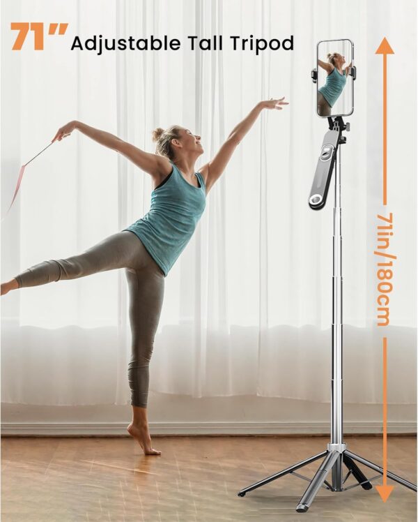 Phone Tripod Selfie Stick with Ground Spike, 71" Portable Outdoor Selfie Stick with Detachable Wireless Remote, Extendable Tall Travel Tripod for Vlogging, Live Streaming, Video Recording - Image 3