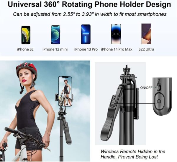 60" Phone Tripods Selfie Stick - All in One Extendable Cell Phone Tripod Stand Holder with Wireless Remote, Handheld Phone Stabilizer Travel Tripod for iPhone Android Camera for Video Recording Vlog - Image 3