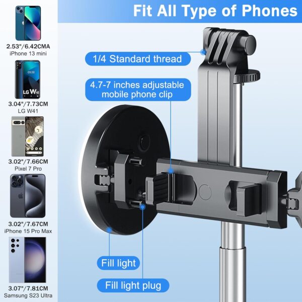 Selfie Stick Tripod with Fill Light, Phone Selfie Stick ，Durable Stainless Steel Design, Bluetooth Remote Control, and Stable Three-Legged Support for Live Broadcasts, Video Shooting (Black) - Image 2