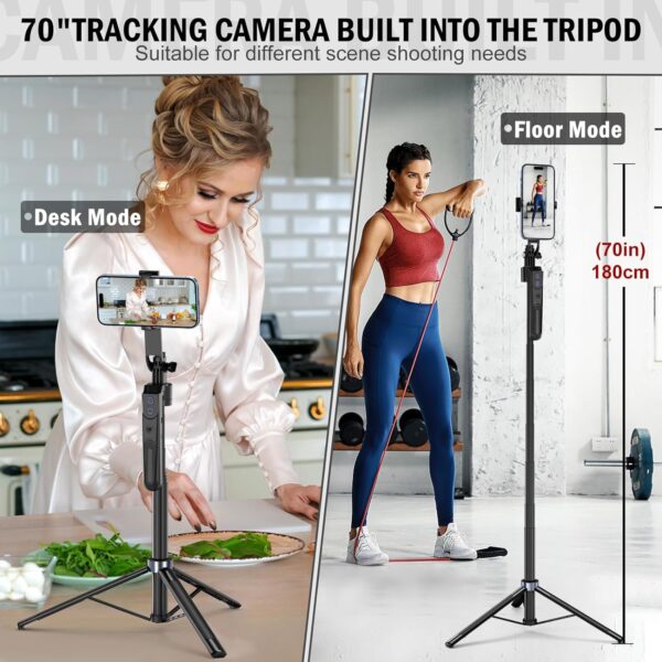 70" Face Tracking Tripod 360 Rotation with Stand,Selfie Stick for iPhone and Android,Phone Tripod with Remote and Gesture Control,Built-in Tracking Camera Selfiestick for Vlog Video Recording Tiktok - Image 2