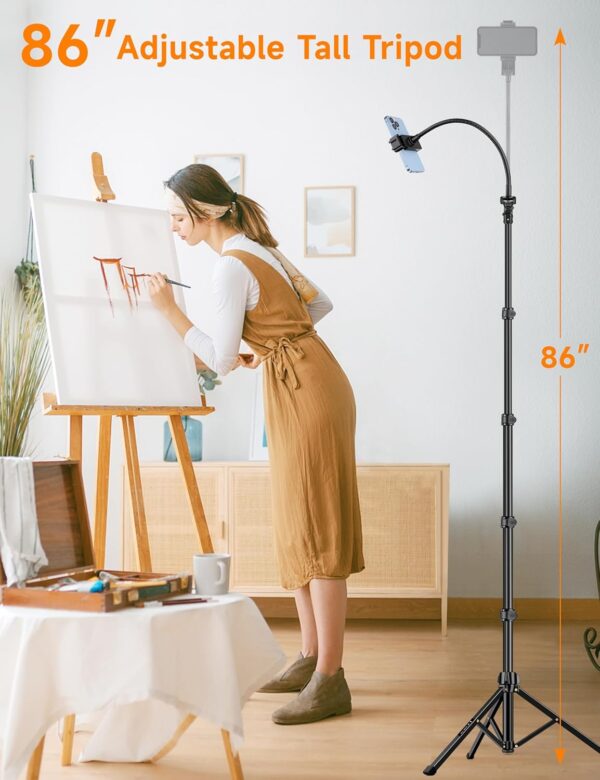 Phone Tripod, 86" Tall Tripod for iPhone with Flexible Gooseneck & Remote, Portable Aluminum Cellphone Stand for Selfies, Video Recording,Travel, Compatible with iPhone Android - Image 2