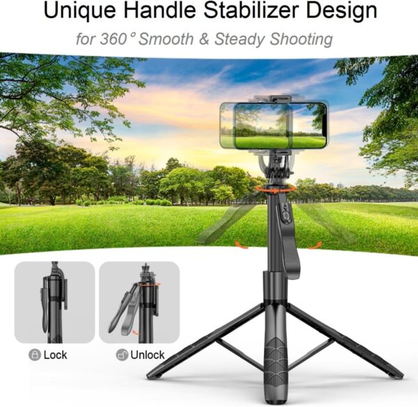 60" Phone Tripods Selfie Stick - All in One Extendable Cell Phone Tripod Stand Holder with Wireless Remote, Handheld Phone Stabilizer Travel Tripod for iPhone Android Camera for Video Recording Vlog - Image 7
