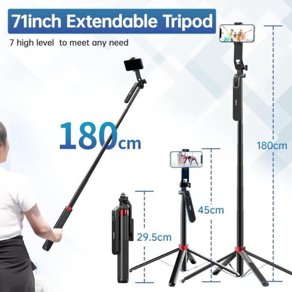 Ulanzi MA09 Selfie Stick Tripod, 71/'' Extendable Phone Tripod with Romote, Portable Cellphone Stand Tripod Quadrapod & iPhone Tripod, 3-in-1 Upgraded Travel Tripod for iPhone/Samsung/Camera/GoPro - Image 3
