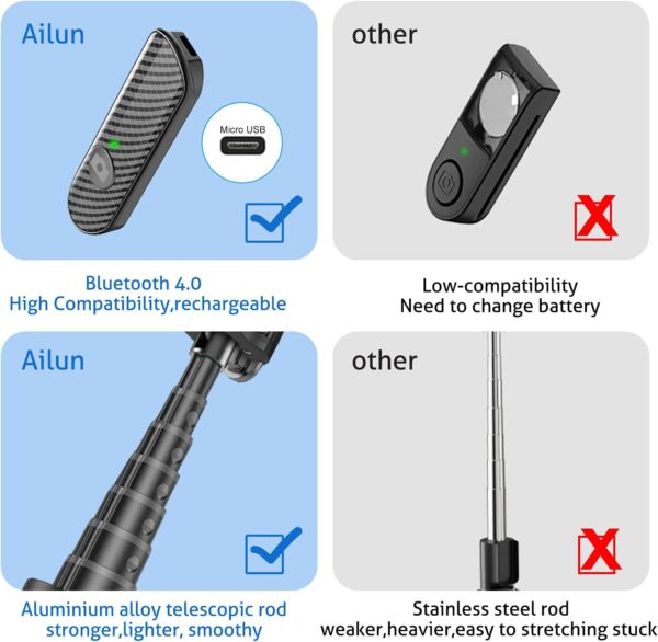 Ailun Selfie Stick Tripod,Extendable Aluminum,3 in 1,Bluetooth Wireless Remote and 360 Rotation Stand for iPhone 16/15/14/13/12/11/11 Pro/XS Max/XS/XR/X/8/7 and More Smartphones - Image 6