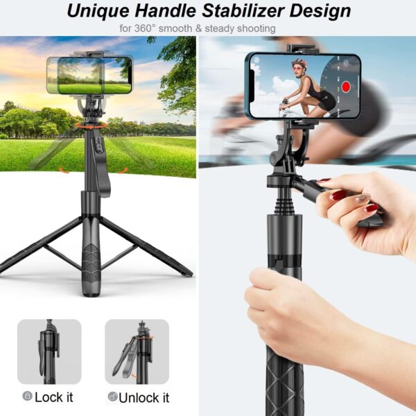 60" Phone Tripods Selfie Stick - All in One Extendable Cell Phone Tripod Stand Holder with Wireless Remote, Handheld Phone Stabilizer Travel Tripod for iPhone Android Camera for Video Recording Vlog - Image 6