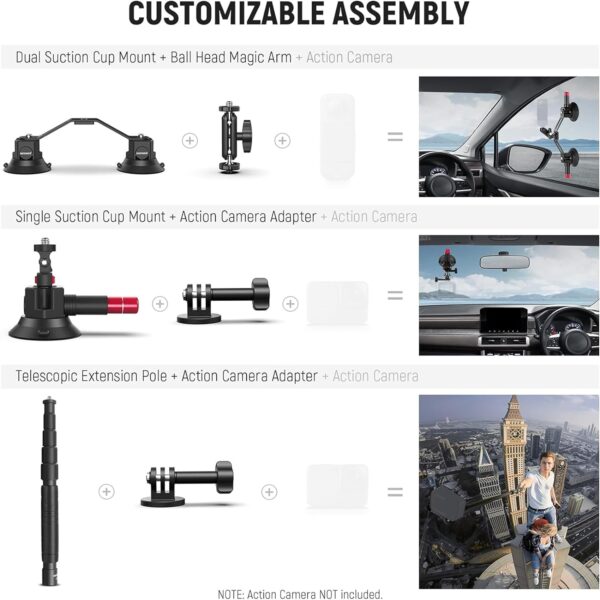 NEEWER Triple Suction Cup Car Mount Kit with 2in1 Extension Pole/Selfie Stick, Quick Release Outside Windshield Magic Arm Camera Mount with Action Camera Adapter Compatible with GoPro Insta360, CA065 - Image 6