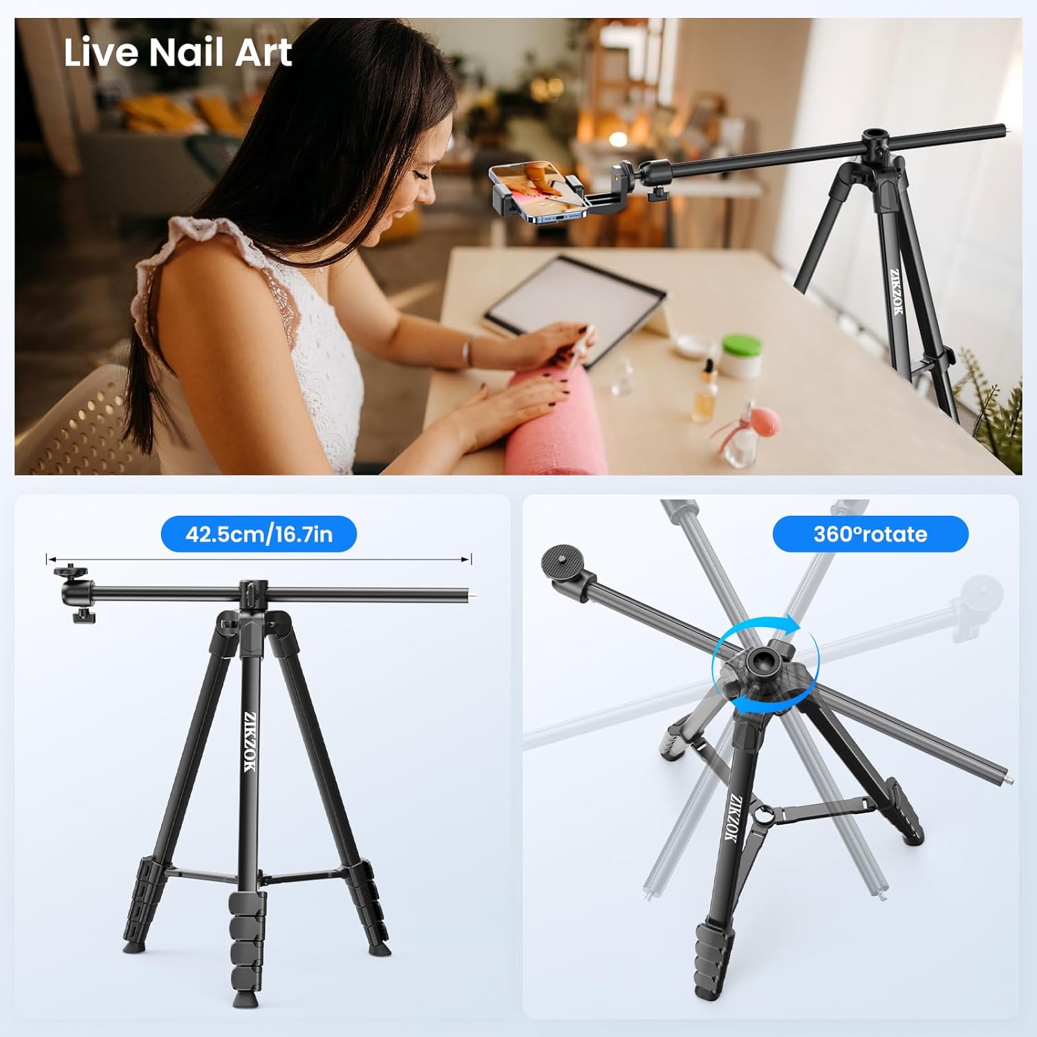 70" Phone Tripod & Selfie Stick, Horizontal Overhead Tripod, Extendable Camera Cell Phone Tripod Stand with Wireless Remote for iPhone ipad, Filming Video Recording Live Stream - Image 4