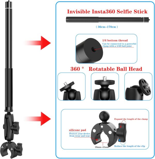Motorcycle Bike Handlebar Double clamp Mount and 67”Invisible Selfie Stick for insta360 X4/X3/X2/XONE/GO2/3 Action Camera - Image 5