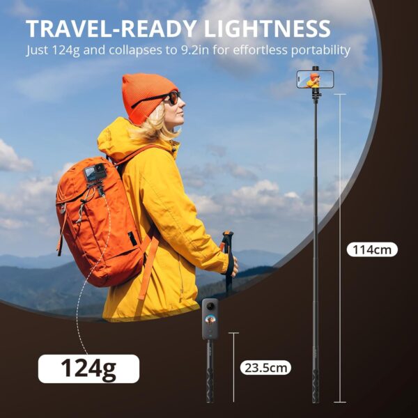 ATUMTEK 114cm Invisible Selfie Stick, 1/4" Extended Monopod Pole, Solid and Compact Design for Insta360, for GoPro, DJI, Action Camera (Buckle Mount for GoPro and Wrist Strap Included) - Image 3
