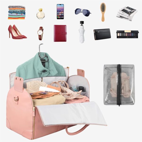Ytonet Garment Duffle Bags for Travel, Convertible Carry On Garment Bag for Women, Large PU Leather Foldable Travel Bag with Shoe Pouch, 2 in 1 Hanging Suitcase Dress Suit Travel Bags, Pink - Image 2