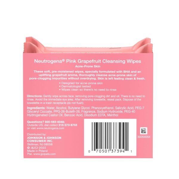 Neutrogena Makeup Remover Wipes, Facial Cleansing Wipes Suitable for Oily & Acne Prone Skin, Wipes Away Bacteria, Dirt & Oil, Scented Facial Wipes with Pink Grapefruit Extract, 50 Count - Image 9