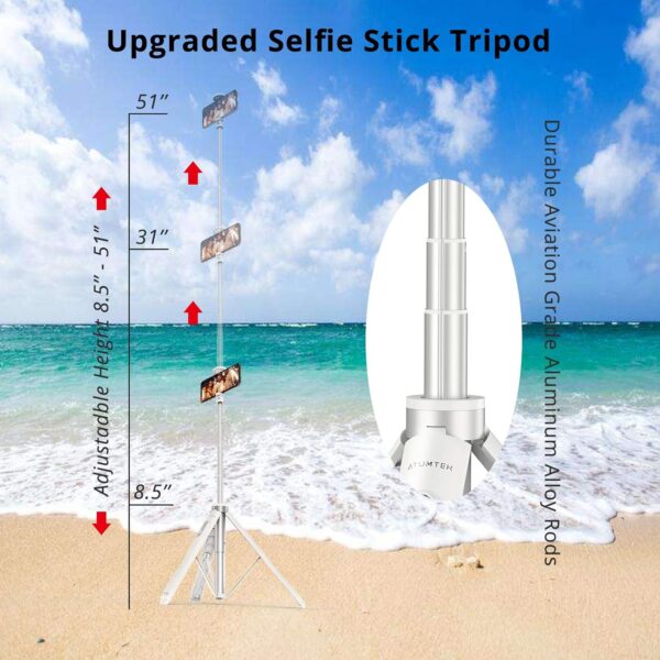 ATUMTEK 51" Selfie Stick Tripod, All in One Extendable Phone Tripod Stand with Bluetooth Remote 360° Rotation for iPhone and Android Phone Selfies, Video Recording, Vlogging, Live Streaming, White - Image 2