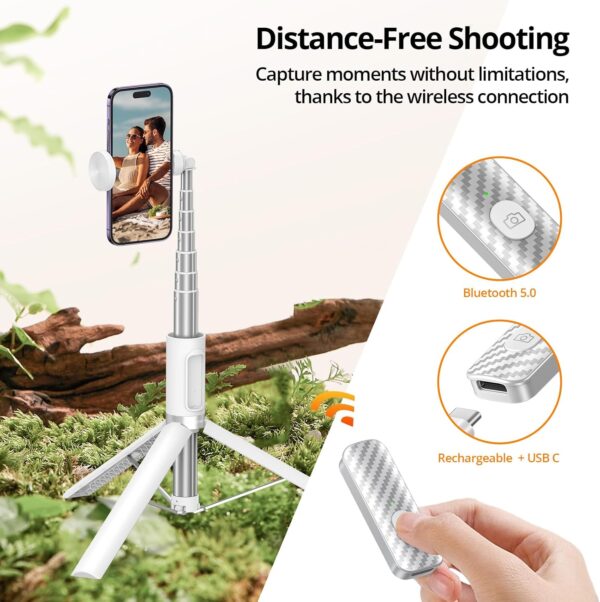 ATUMTEK 62" Selfie Stick Tripod, Extendable Aluminum Tripod with Rechargeable Bluetooth Remote, Compatible with iPhone and Android Smartphones, Perfect for Travel, Vlog, Video and Photo, White - Image 4