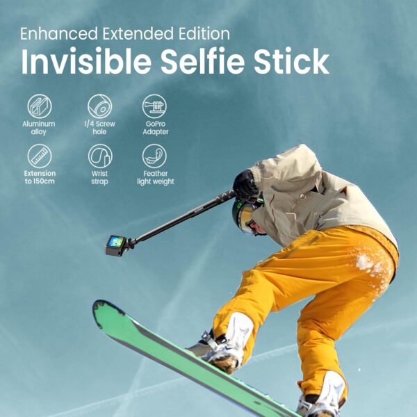 Mairan Super Long 150cm Invisible Selfie Stick, Extension Selfie Stick Compatible with Insta360, GoPro, DJI, Action Cameras,1/4" Portable Extendable Monopod Pole with Buckle Mount and Wrist Strap - Image 2