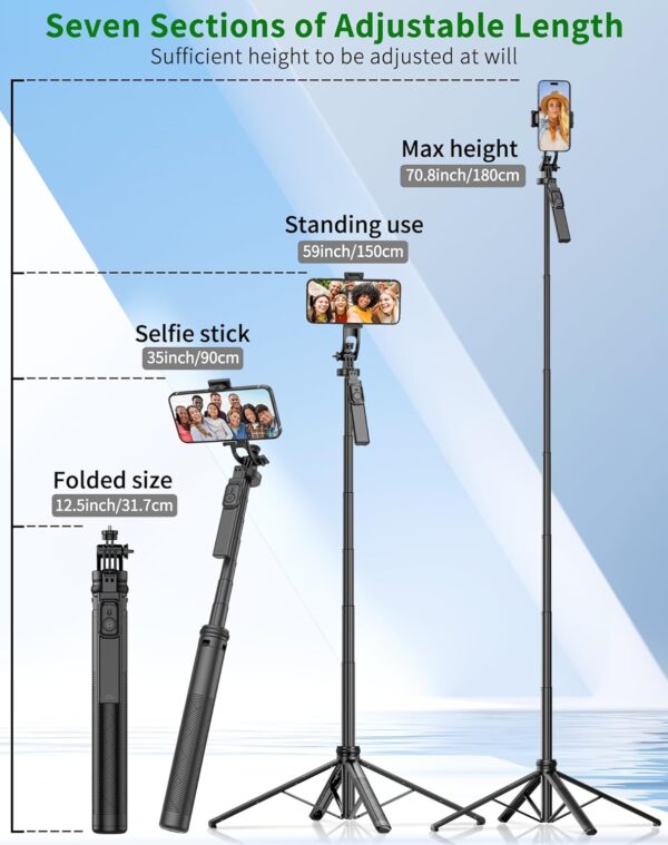 71" Cell Phone Tripod & Selfie Stick, for iPhone Tripo d Stand, Travel Tripod with Remote, Phone Selfie Stick for iPhone 11/14/ 15/16 Compatible with All Phones,for gopro and Cameras - Image 2