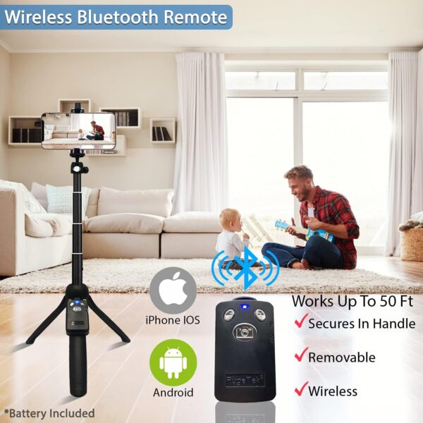 Fugetek 42" Compact Selfie Stick & Tripod, Extendable, Wireless Bluetooth Remote, Lightweight Aluminum, Travel Ready, Compatible with iPhone 14 13 12 Pro Xs Max Xr X 8Plus 7 & Android - Image 6
