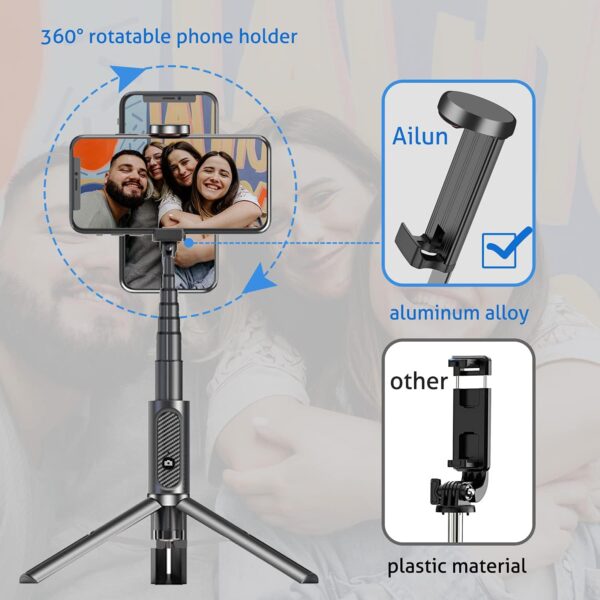 Ailun Selfie Stick Tripod,Extendable Aluminum,3 in 1,Bluetooth Wireless Remote and 360 Rotation Stand for iPhone 16/15/14/13/12/11/11 Pro/XS Max/XS/XR/X/8/7 and More Smartphones - Image 4