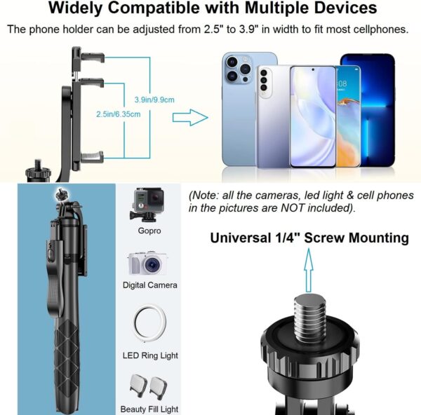 Selfie Stick Phone Tripod for iPhone - 60" Extendable Cellphone Tripod Selfie Stick for iPhone Android Camera 360° Rotating Travel Tripods Stabilizer Phone Stand Holder for Pictures Video Record Vlog - Image 6