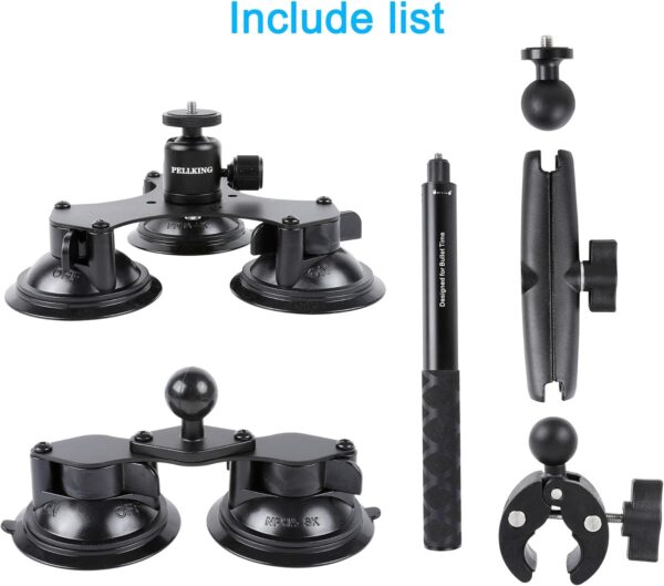 PellKing Suction Car Mount for Insta360 x4, x3, x2, x,One RS,R Compatible with GoPro Max Camera 5 in 1 Suction Mount Kit for Action Cameras (Includes 44.9-inch Selfie Stick) - Image 5