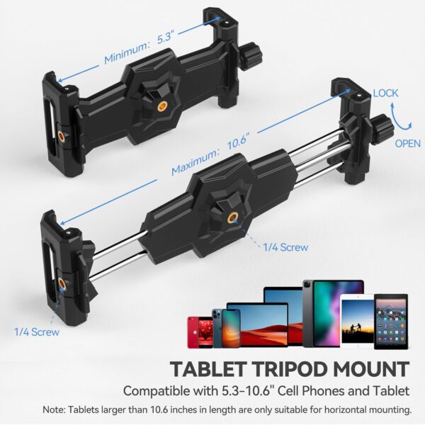 iPad and Phone Tripod Mount Adapter with Ball Head, iPad Holder for Tripod, 360 Rotatable Tablet Clamp Mount fits iPad Pro 12.9, iPad Air Mini 3 4, Galaxy Tab, Surface Pro, Selfie Stick(5.3-10.6") - Image 2