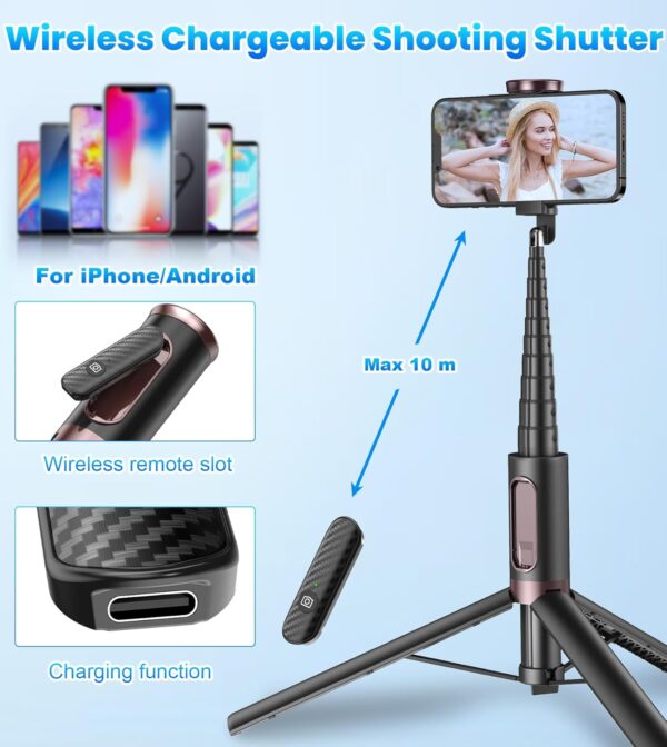 TONEOF 67" Cell Phone Selfie Stick Tripod,Smartphone Stand All-in-1 with Integrated Wireless Remote,Portable,Lightweight,Extendable for iPhone/Android(Black) - Image 5