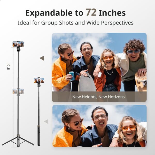 Sensyne 72" Extendable Tripod for iPhone & Selfie Stick with Detachable Phone Holder & Wireless Remote, Compatible with All Cell Phones, Black - Image 3