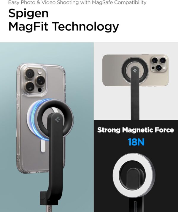 Spigen MagSafe Selfie Stick Tripod Stand (MagFit) with Bluetooth Remote Control Shutter 24" Extendable Compatible with MagSafe iPhone 16 15 14 13 12 Pro Max Mini & Android Phones - Black - Image 3